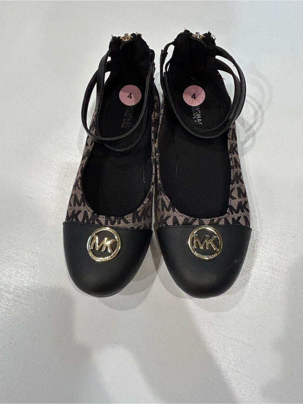 Michael Kors Black and Brown Logo Ballet Flats with Gold MK Medallion